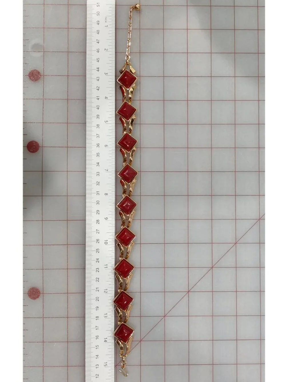 VTG Signed 50s Crown Trifari Gold Tone Red Thermoset Choker Earrings Bracelet - Picture 10 of 12